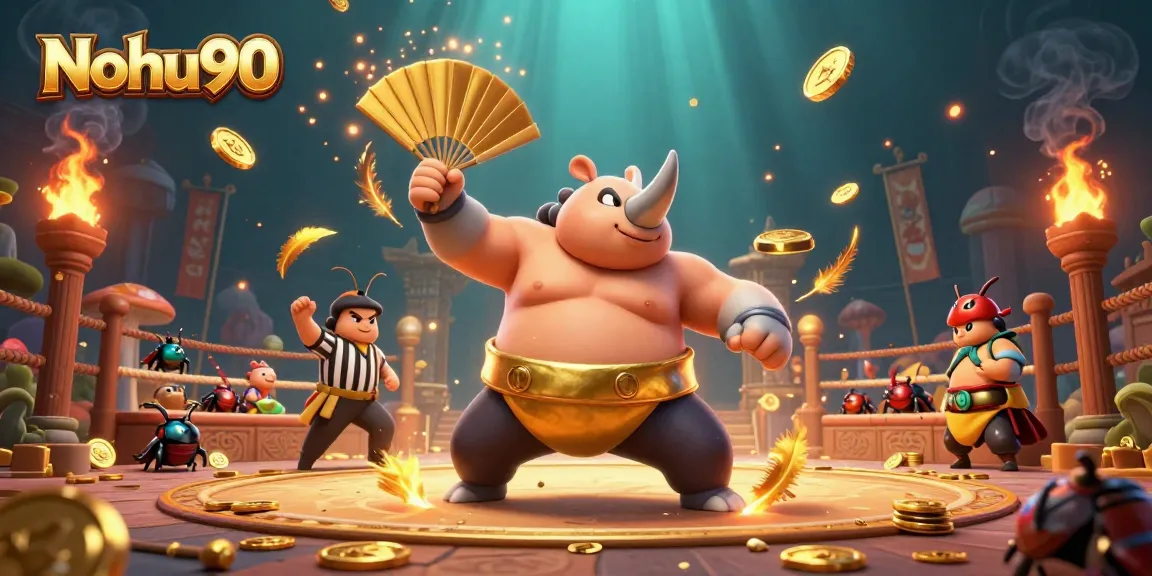 Nohu90 offers exciting casino gameplay featuring a dynamic scene with characters and golden coins flying.
