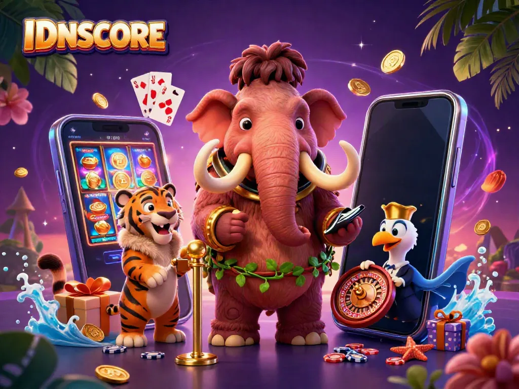 Experience the excitement at IDNSCORE as a mammoth bouncer checks VIP guests in a vibrant casino scene.