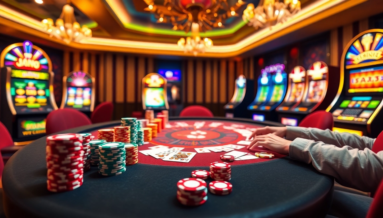 F8BET players enjoying an exciting poker game with vibrant casino elements.