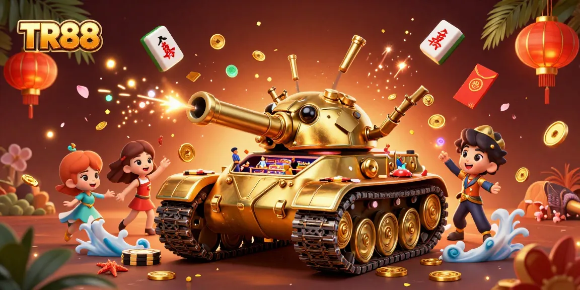 Experience the exciting world of TR88 with golden tanks revealing a mini casino full of lively scenes.