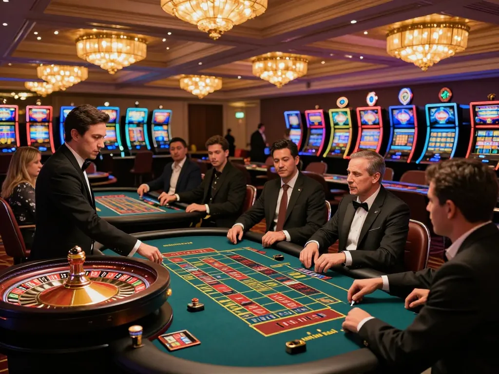 SUNWIN players engaging in an exciting roulette game at an upscale casino, with a lively atmosphere and professional dealers.