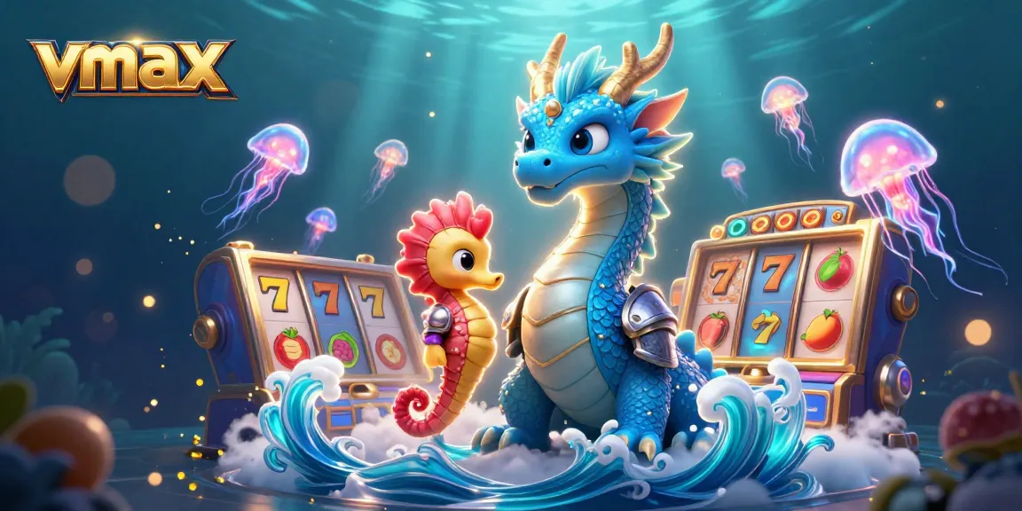 Engage in vibrant gaming action with vmax amidst slot machines and colorful sea creatures.