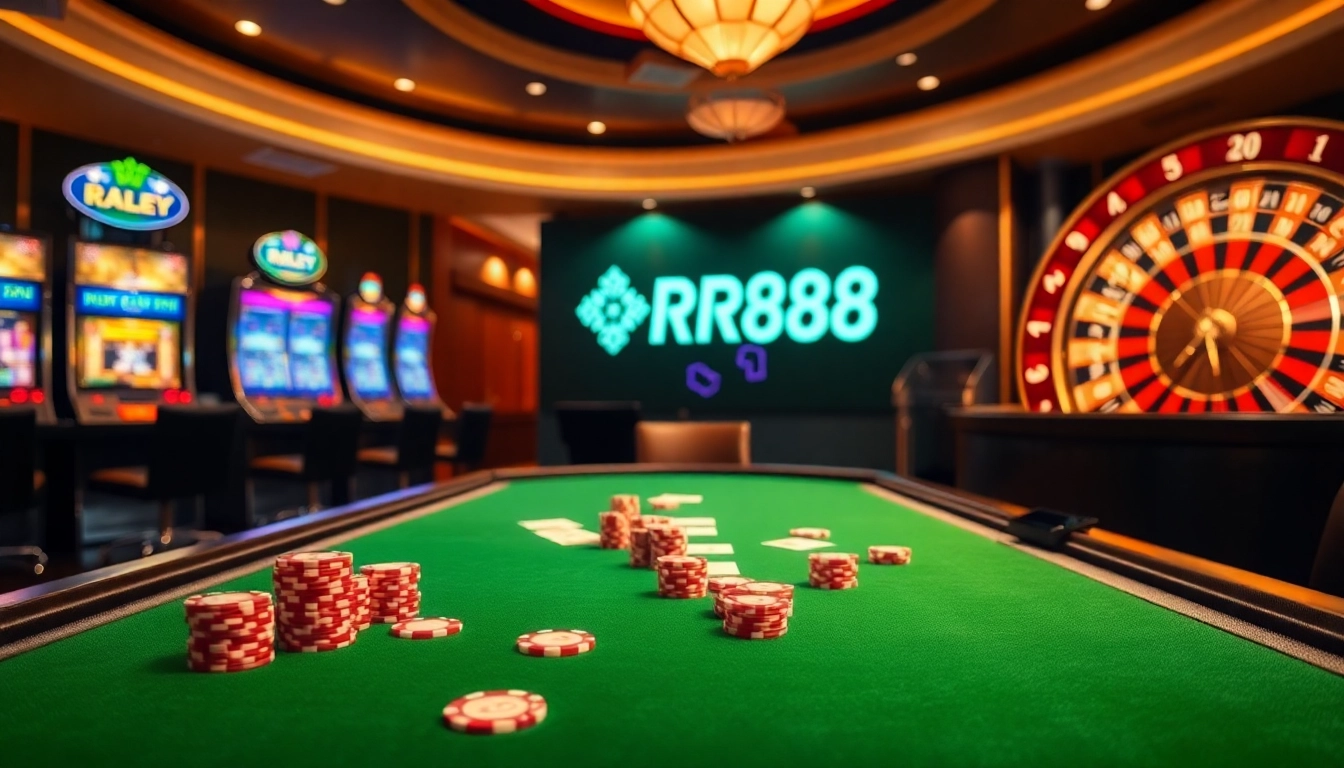 Experience high-stakes poker at RR88's luxurious casino table with elegant cards and chips.