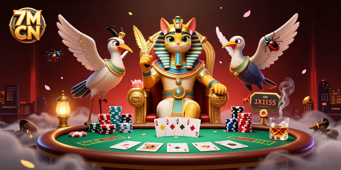 Engage in thrilling action with 7M CN, captivating Egyptian pharaoh cat, poker elements, and vibrant visuals.