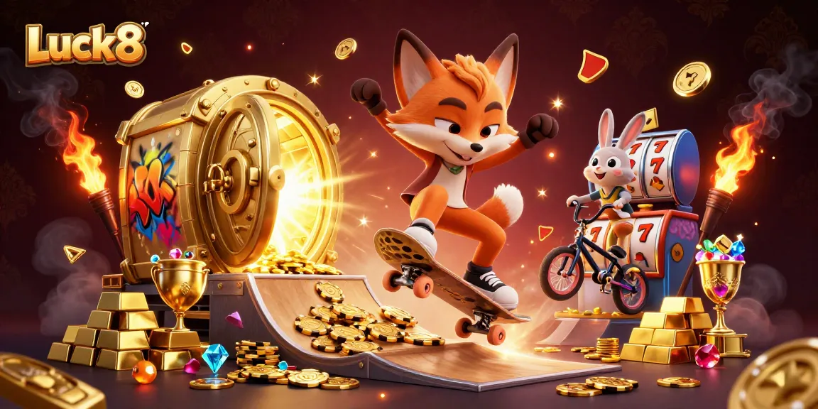 Experience thrilling action with Luck8 in a vibrant 3D casino scene featuring skateboard tricks and gold treasures.