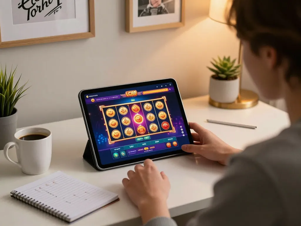LC88 player enjoying an online casino game on a tablet with a cozy setup, illustrating responsible gambling.