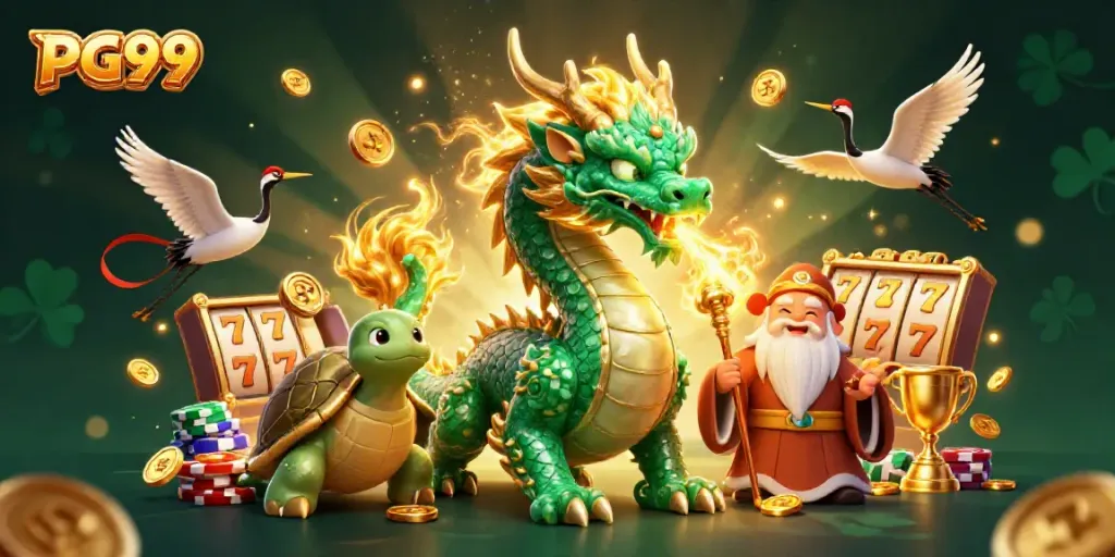 Experience PG99 in an exciting casino scenario with a dragon, slots, and golden elements.