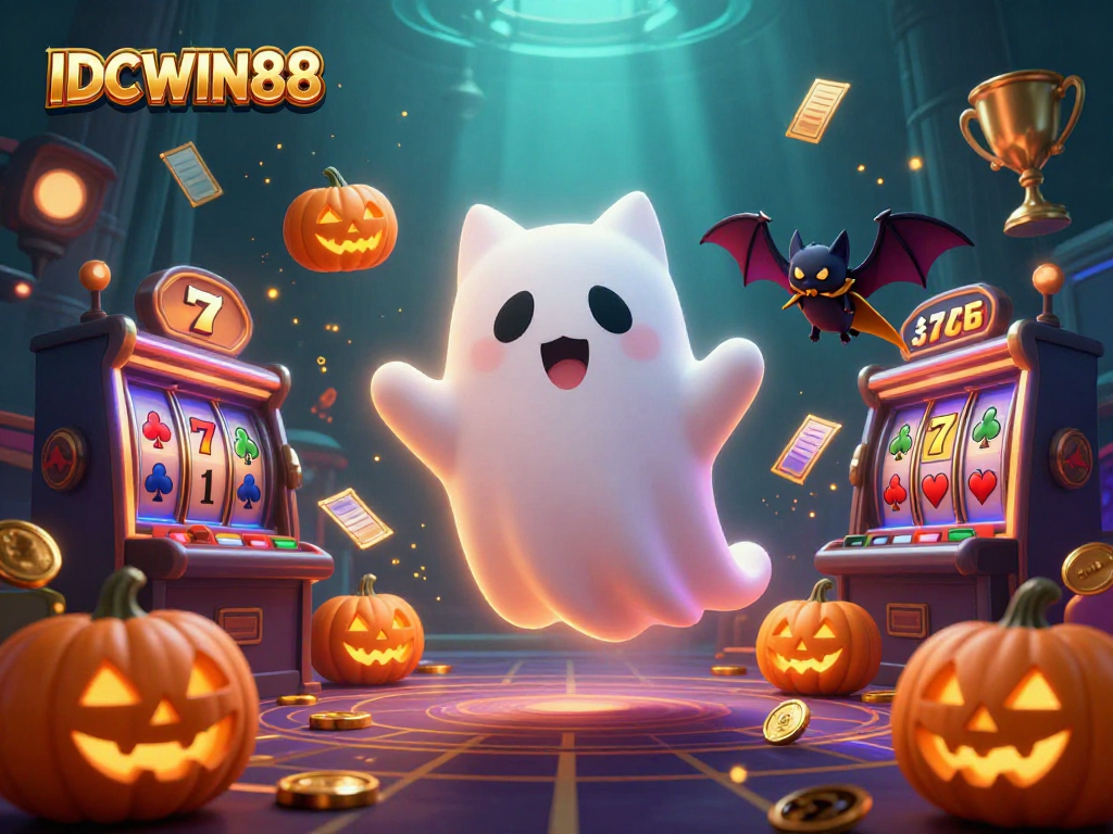 Join the fun at IDCWIN88, where ghost cats and slot reels create an exciting casino atmosphere.