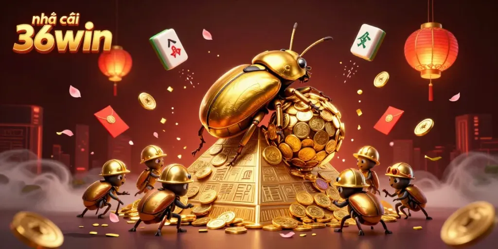 Engaging illustration of Nhà cái 36win featuring a golden beetle rolling coins amidst vibrant casino elements.