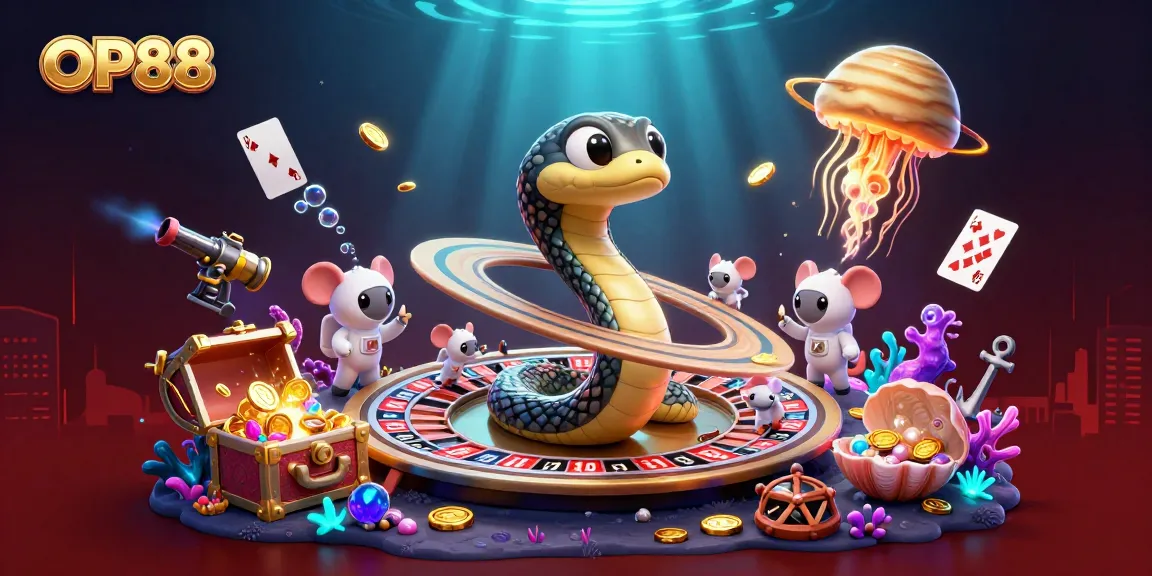 Experience exciting gambling at OP88 with astronaut mice betting on a cosmic roulette wheel.