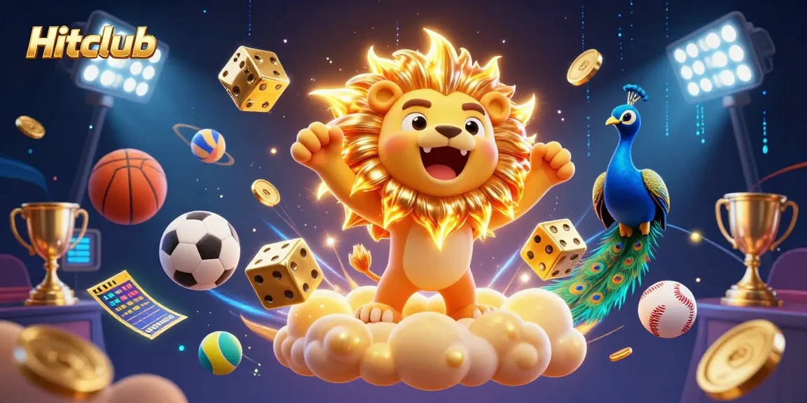 Hitclub sports theme illustration with 3D lion, golden dice, and dynamic sports elements.