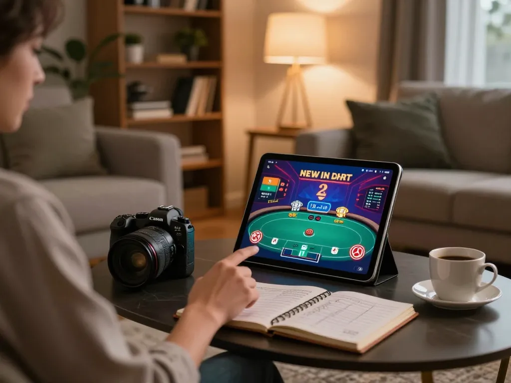 Engaging in online poker strategies with MB66 tablet setup at home, highlighting responsible gaming atmosphere.