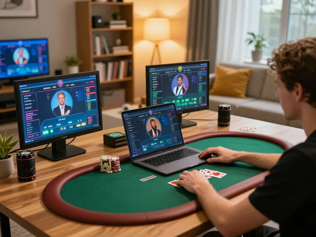 Engaging in online poker gameplay on Trang chủ fly88 with laptop, showcasing dynamic gaming setup and cozy atmosphere