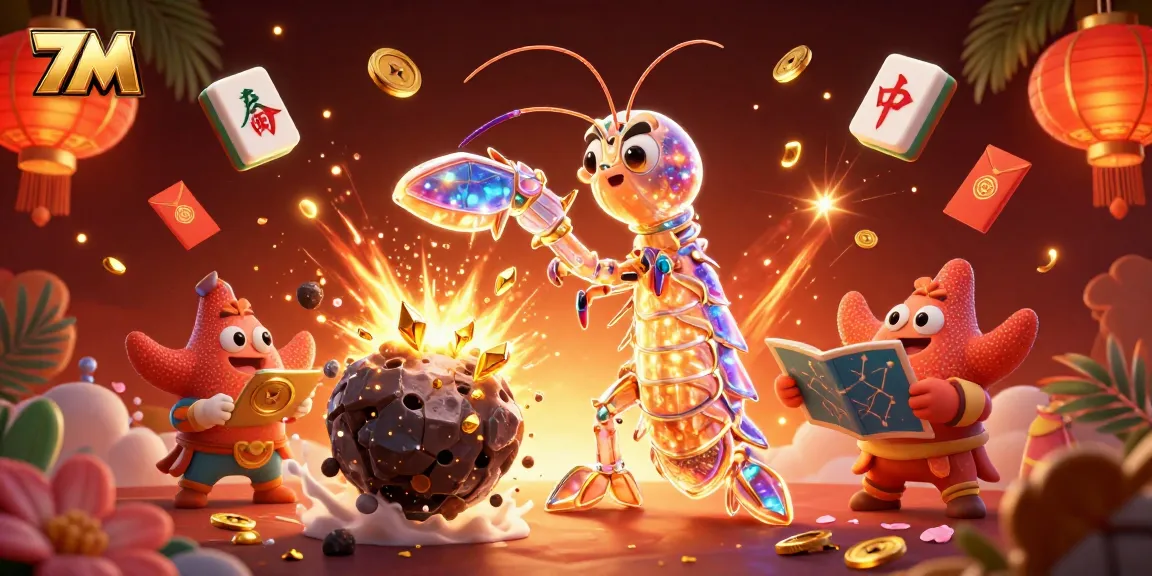Engage with 7M's thrilling betting experience as galactic characters burst through treasures, showcasing vibrant casino elements.