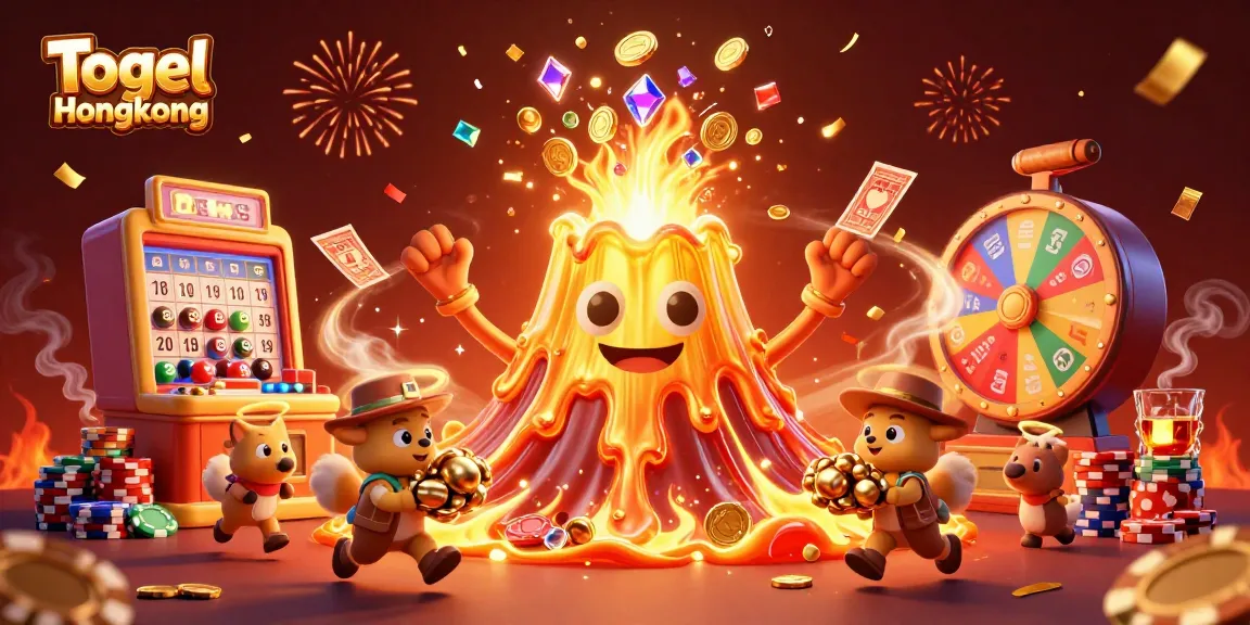 Play Togel Hongkong with vibrant explosions of colorful lottery machines and treasure-filled scenes.