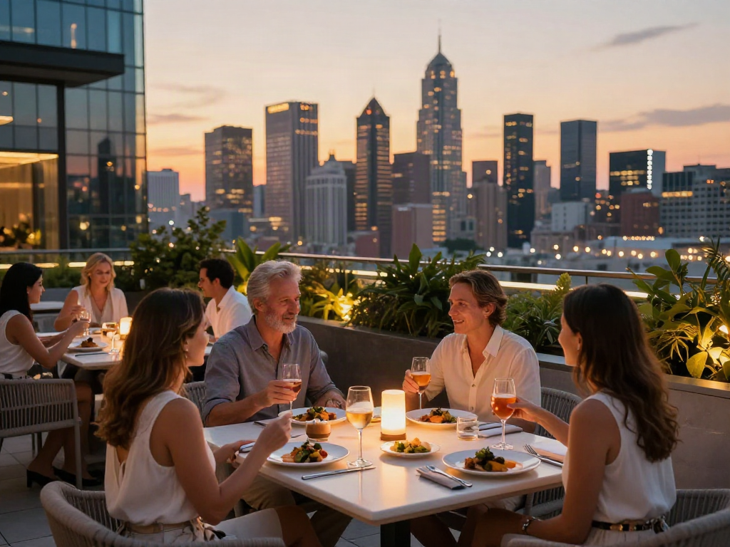 nohu rooftop dining with guests enjoying gourmet meals and sunset skyline