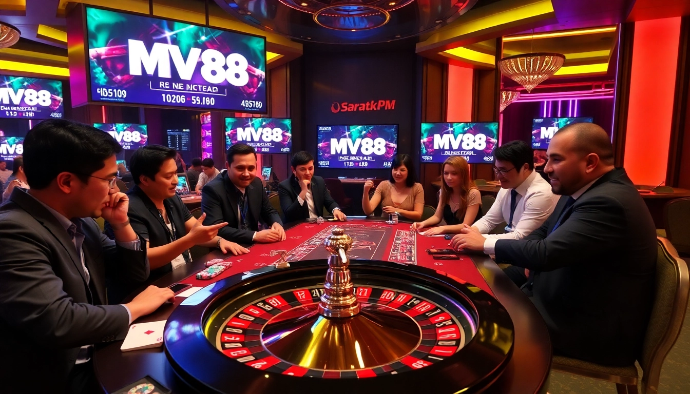 Exciting poker game scene with players and casino elements highlighting mv88 brand.