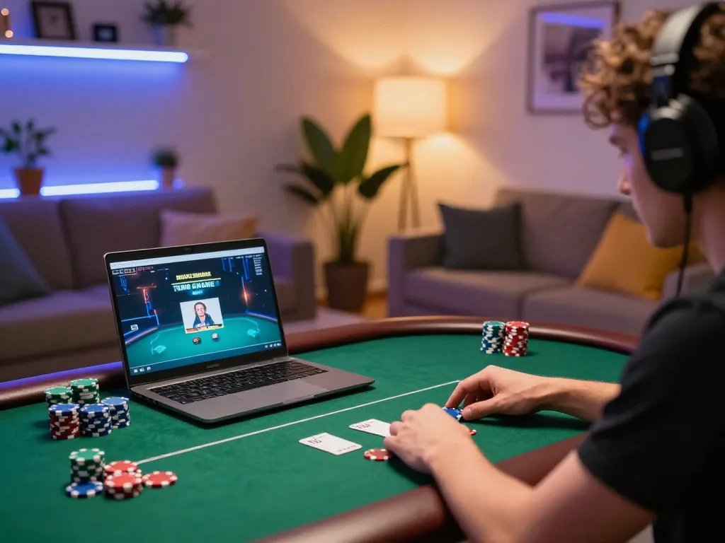 Player enjoying an online poker game on laptop with rikvip interface in a cozy living room setting