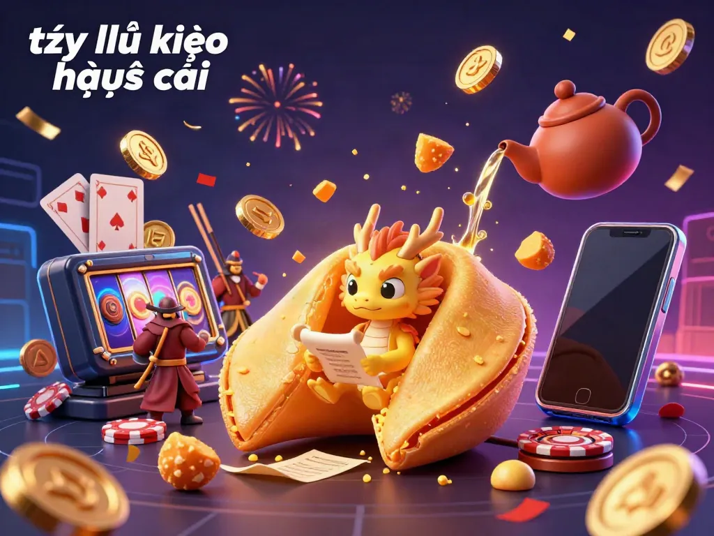 Engage with the vibrant world of tỷ lệ kèo nhà cái, featuring a golden cookie and a wise dragon amidst colorful slot games and festive elements.
