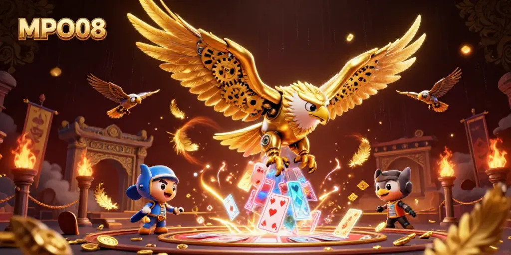 Experience the thrill of MPO08 with a dynamic 3D illustration of a golden eagle amidst playing cards.