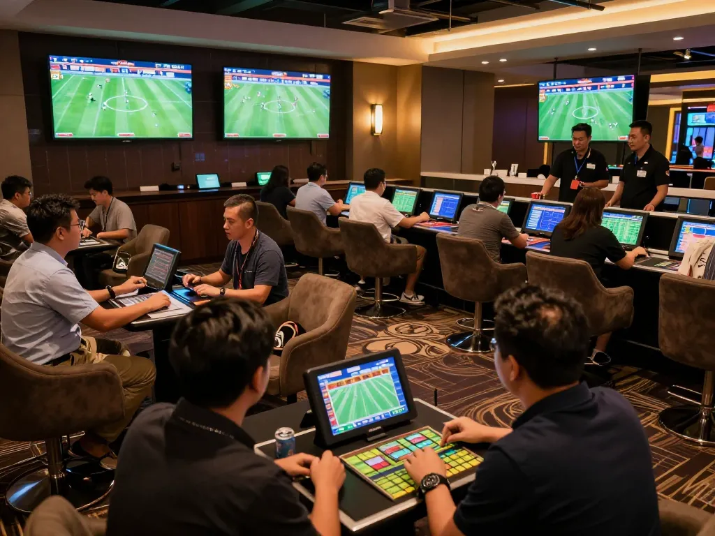 Xoilac sports betting scene in an upscale casino with live football matches and enthusiastic bettors.