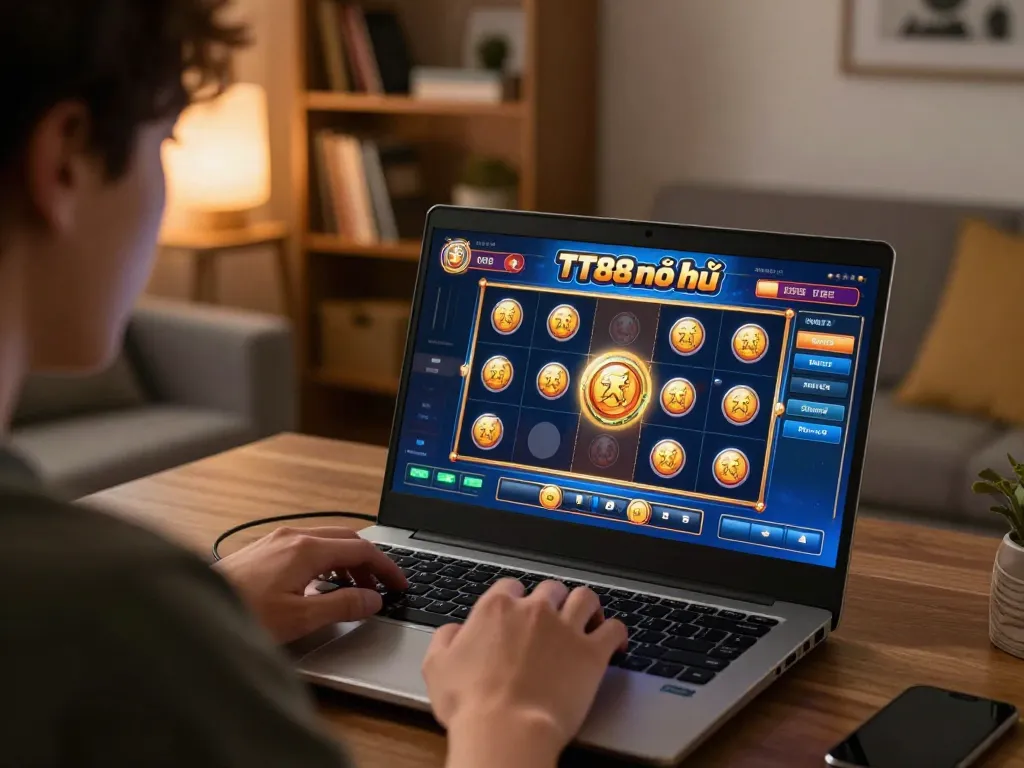 Engaging game scene of a player enjoying TT88 nổ hũ, demonstrating excitement during slot gameplay.
