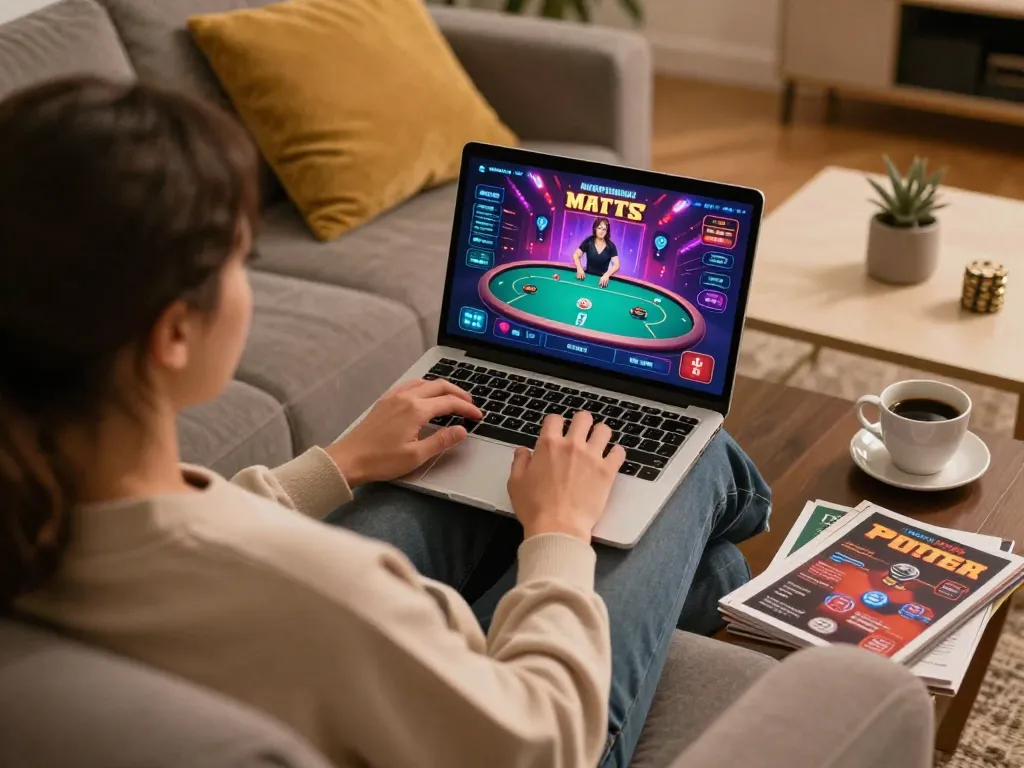 Player enjoying an online poker game on Luckywin platform from a cozy home setting.