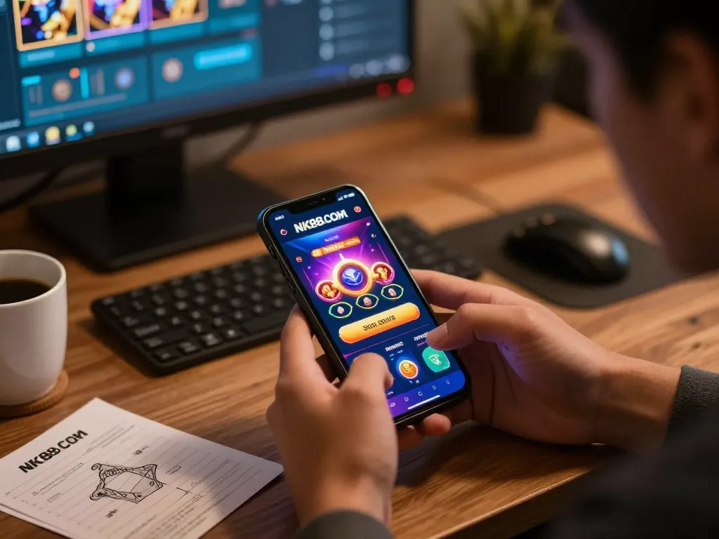 Engaging in mobile gaming with NK88.COM app, vibrant graphics displayed on smartphone in a cozy setting