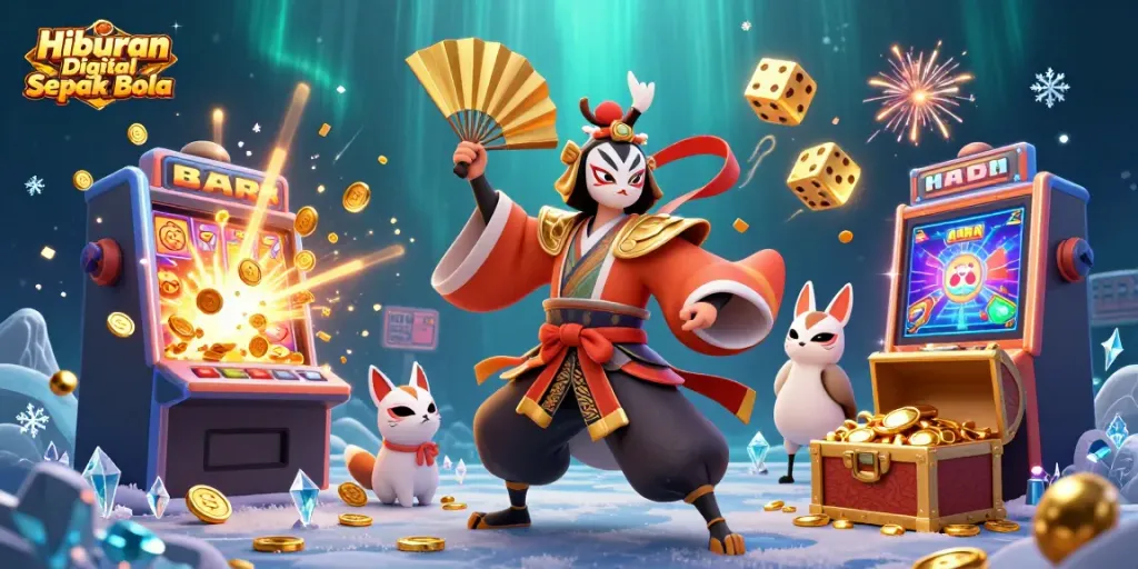 Engage with Hiburan Digital Sepak Bola through a vibrant 3D illustration showcasing a kabuki warrior and casino symbols.