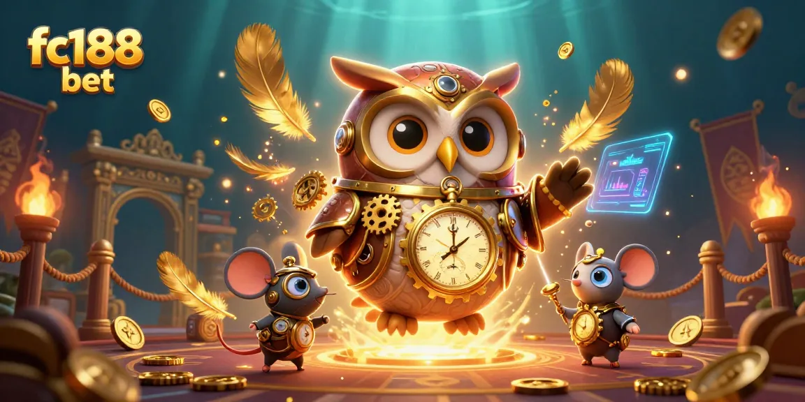 Join the action with fc188 bet in this dynamic casino scene featuring a time-traveler owl and exciting gaming elements.