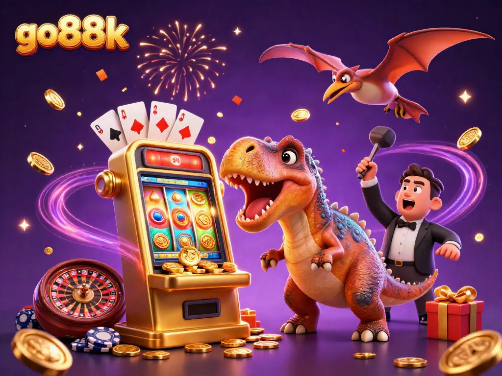 Win big with go88k as a pachycephalosaurus interacts with a jackpot slot machine.