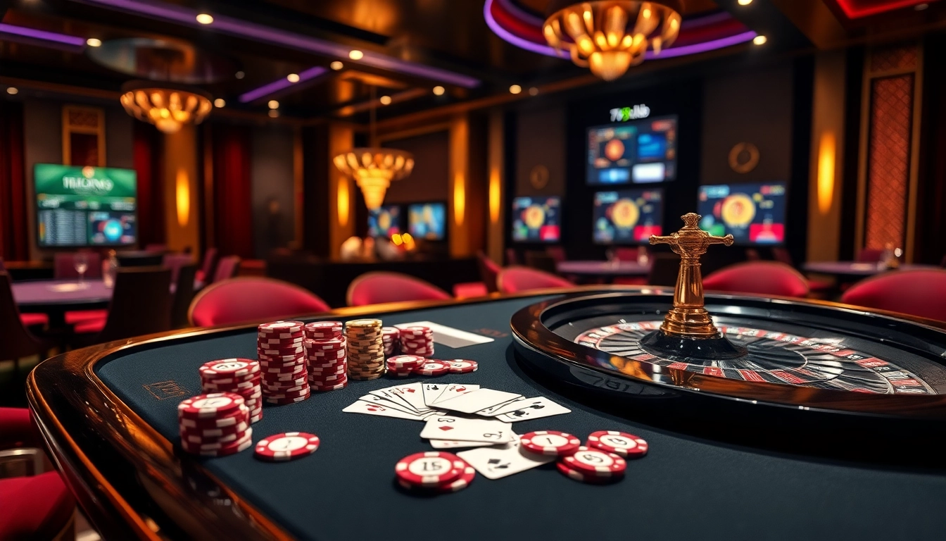 Thrilling casino gaming experience at 789club, featuring vibrant poker chips and a roulette wheel.