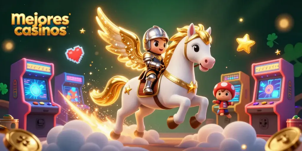 mejores casinos: Ilustra una escena animada con un caballo celestial y un caballero armado en un entorno de juego vibrante.