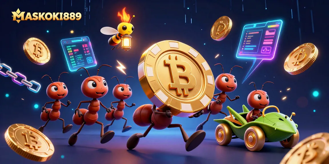 Experience the thrill of MASKOKI889 as ants heist a giant poker chip amidst crypto elements.