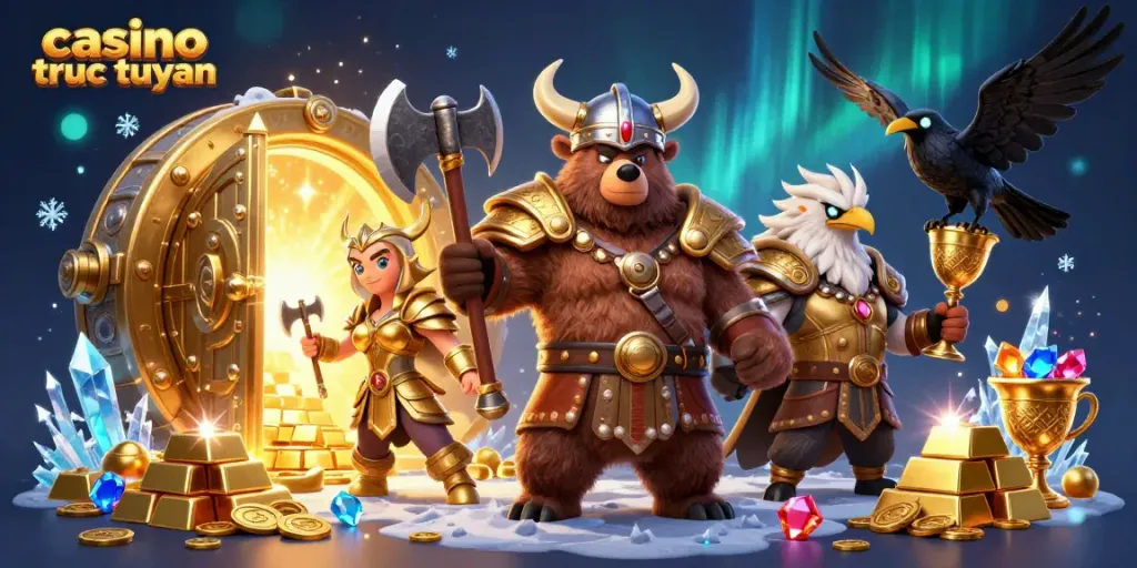 Tham gia casino trực tuyến với hình ảnh sống động về Viking và kho báu rực rỡ.