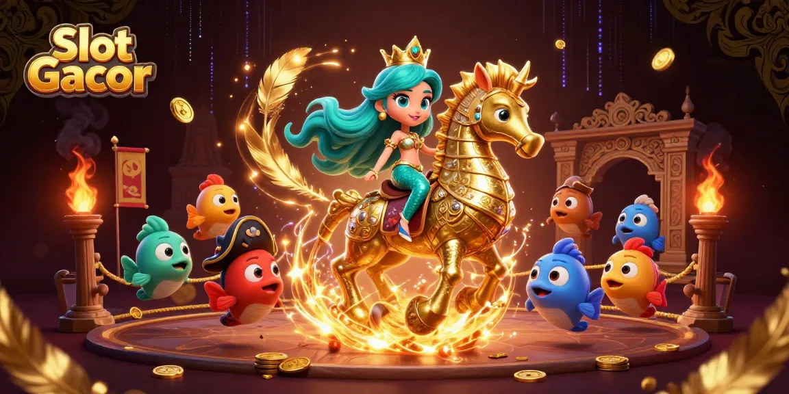 Experience excitement in Slot Gacor with a cartoon mermaid and seahorse in a vibrant, dynamic casino scene.