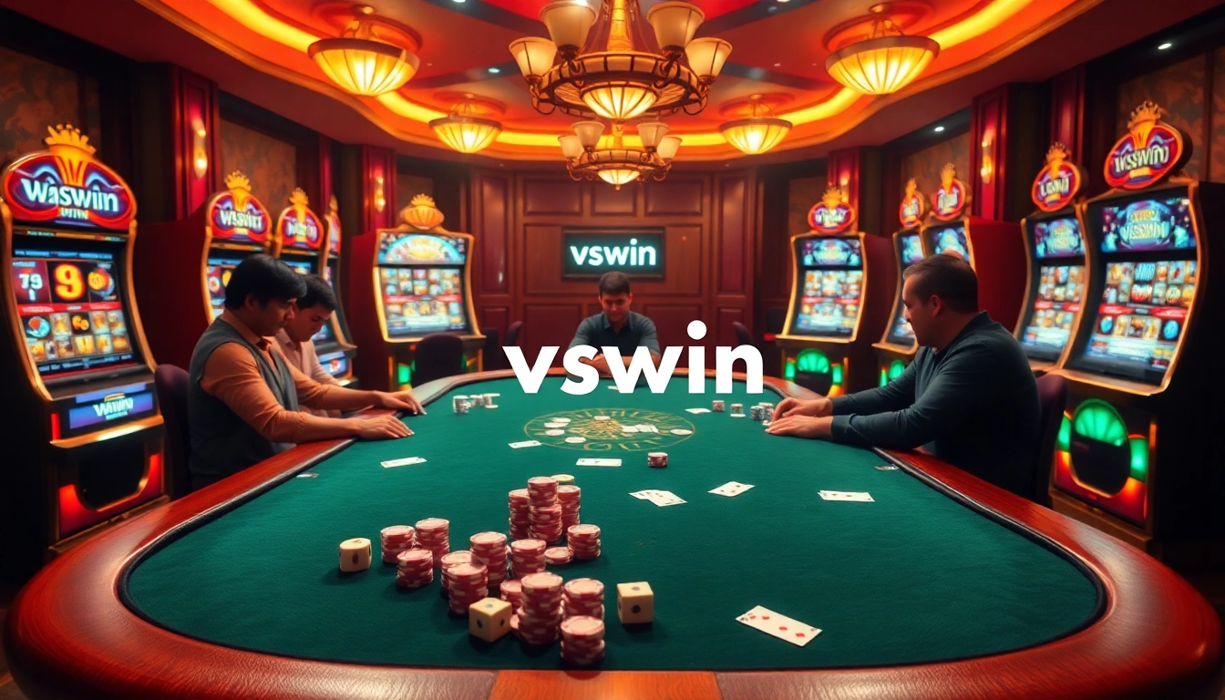 Players celebrating wins at a lively poker table in the elegant vswin casino atmosphere.