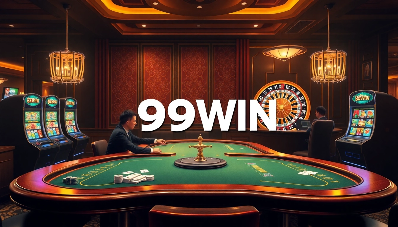 Engaging gamblers at 99WIN Casino with poker tables and bright slot machines.