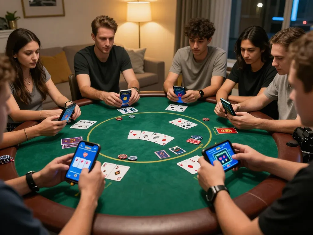 S666 players engaging in strategic online poker gameplay on smartphones, showcasing lively gambling atmosphere