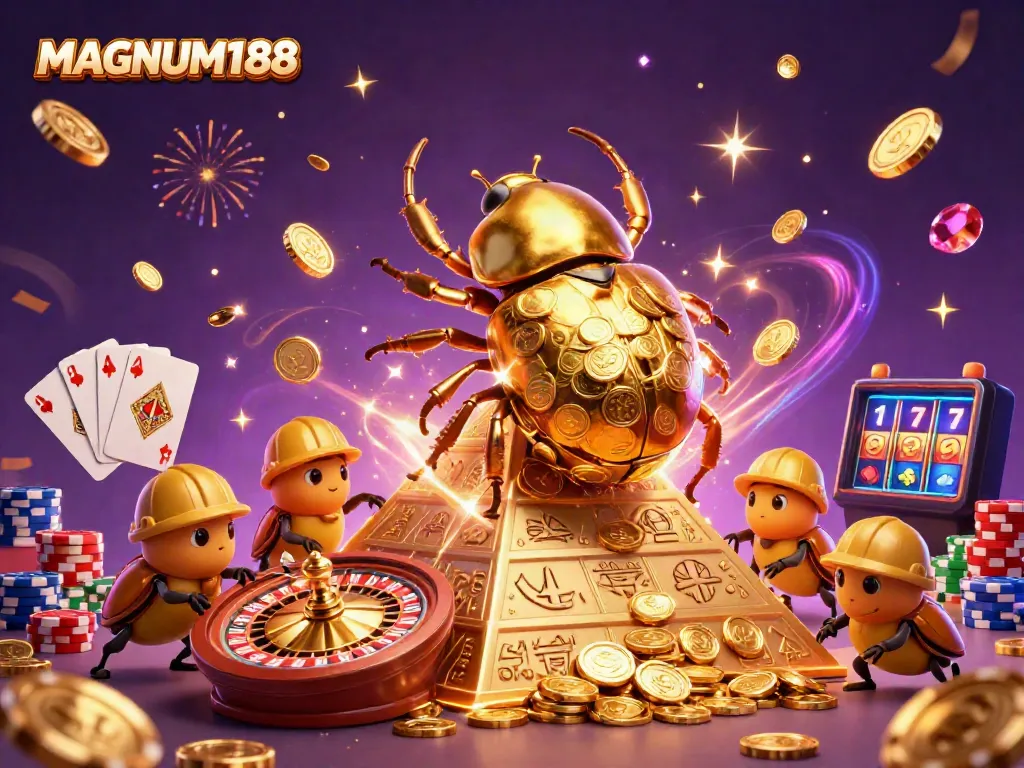 Experience MAGNUM188 with a cartoon golden dung beetle theme illustrating casino fun and excitement.
