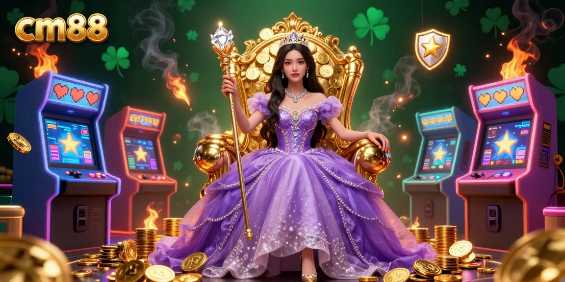 Experience top-tier gaming with cm88, featuring a stunning princess in a casino backdrop filled with vibrant arcade elements.