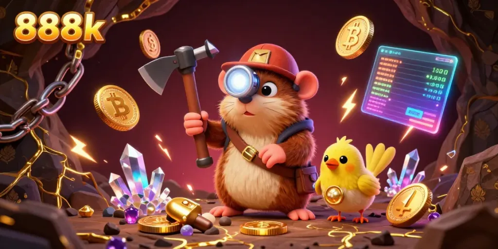 Engage with the thrilling 888k world through this vibrant scene of a treasure hunter mole and canary amidst glowing gems and crypto elements.