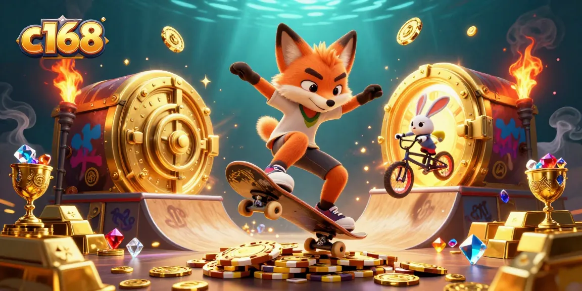Experience thrilling gameplay at c168 with a vibrant 3D illustration featuring dynamic casino elements.