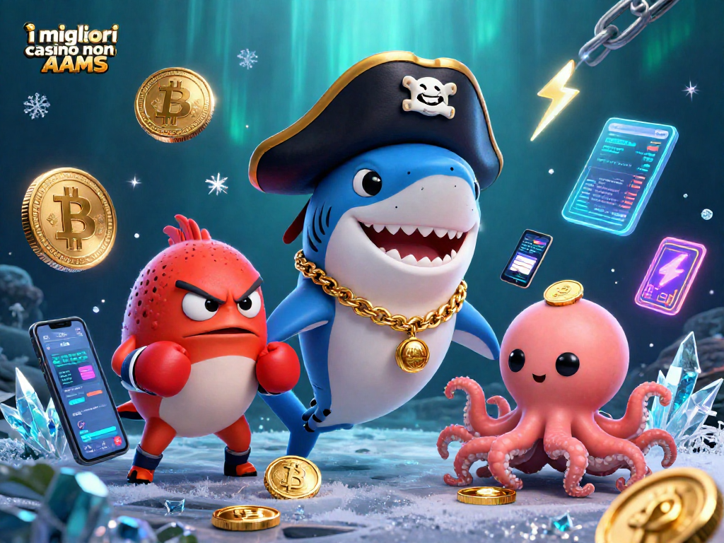 Gioca nei migliori casino non AAMS con un'illustrazione vivace di un pesce pirata e amici, circondati da criptovalute e dettagli accattivanti.