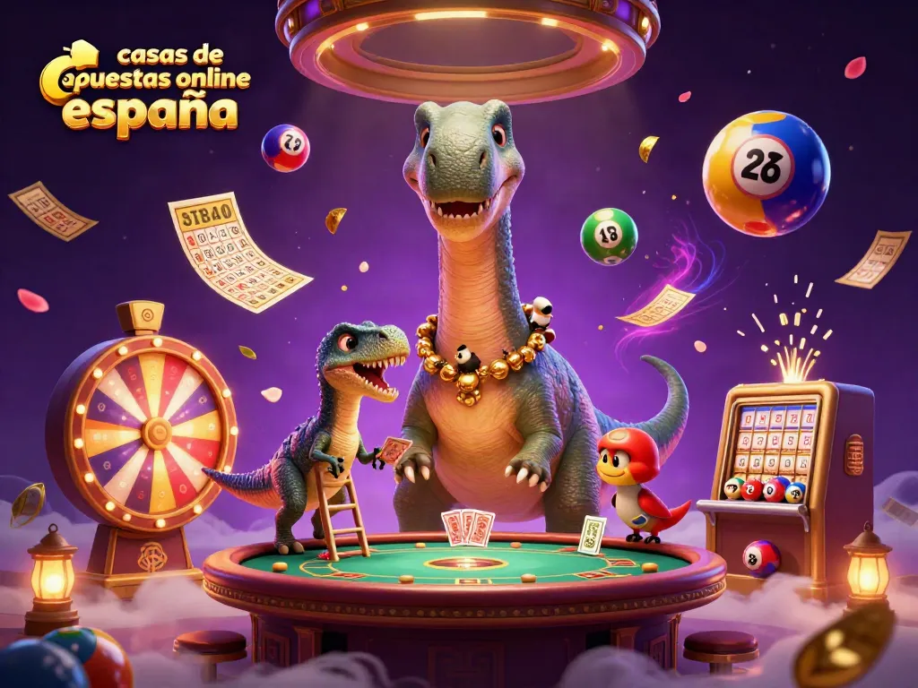 Casas de apuestas online España: Brontosaurio y raptor en un casino repleto de elementos de juego.