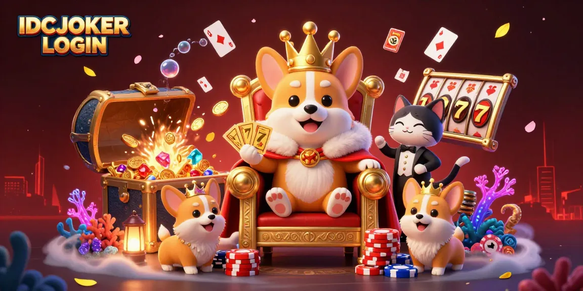 IDCJOKER LOGIN showcases a vibrant 3D illustration of a royal corgi in a casino setting, engaging players with rich game elements.