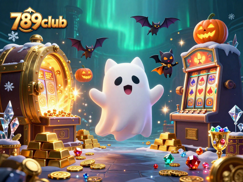 Experience thrilling gaming adventures with 789club's cartoon ghost cat in a haunted casino.