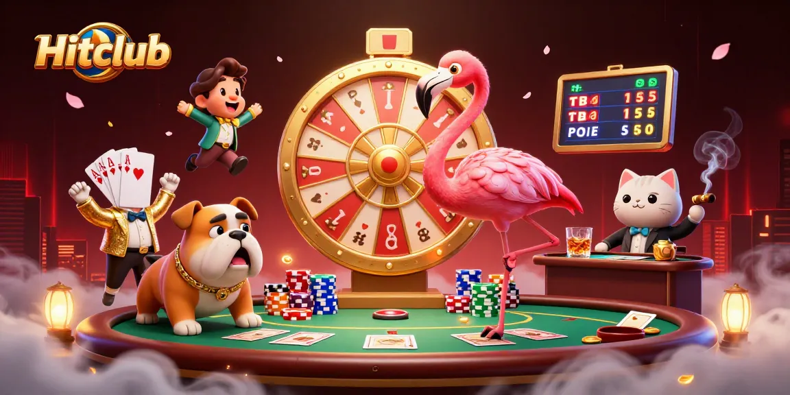 Hitclub features dynamic characters in a lively casino scene with poker elements, exuding excitement.