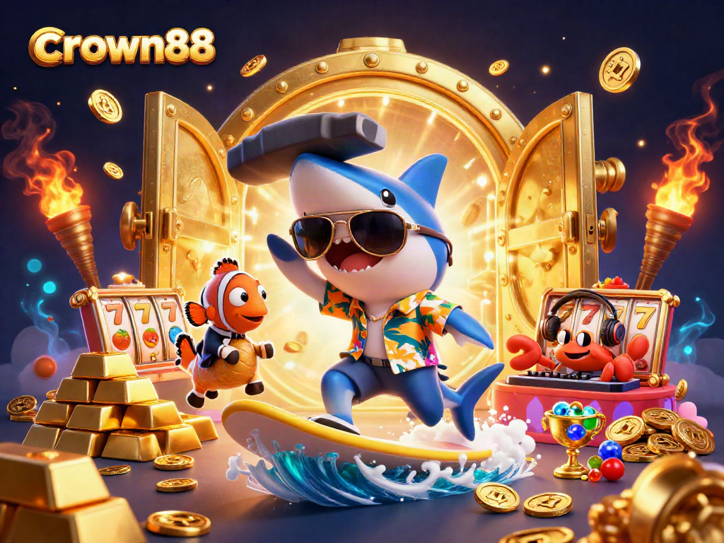 Experience excitement with crown88 as a cartoon shark surfs golden coins in a dynamic casino scene.