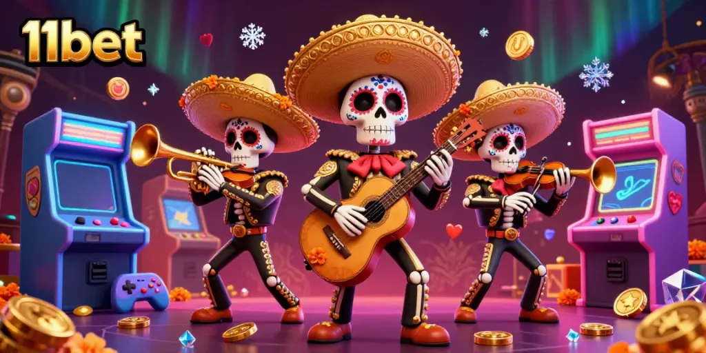 Experience vibrant gaming fun with 11bet featuring skeletal mariachi musicians in an engaging casino scene.